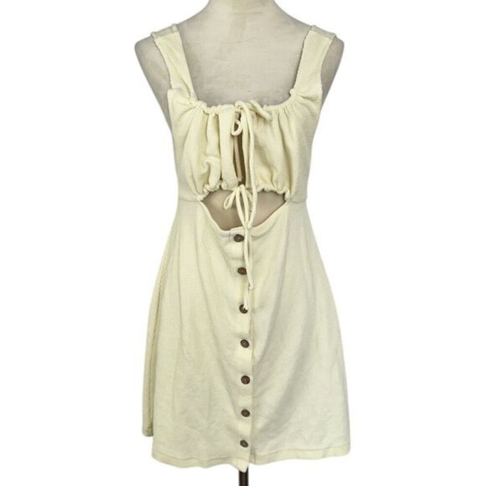 Free People Beach Cream Ribbed Cut Out Button Front Summer‎ Mini Dress Large